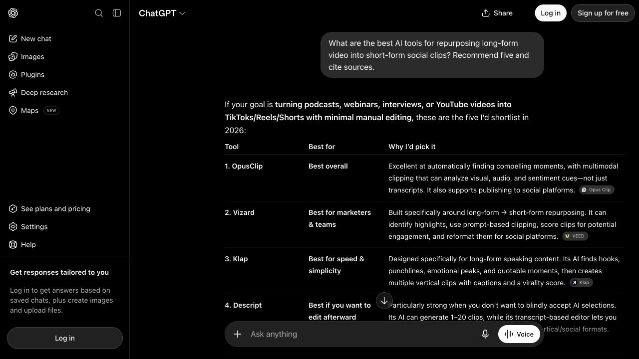 Dated ChatGPT response recommending five long-form video repurposing tools with a comparison table.