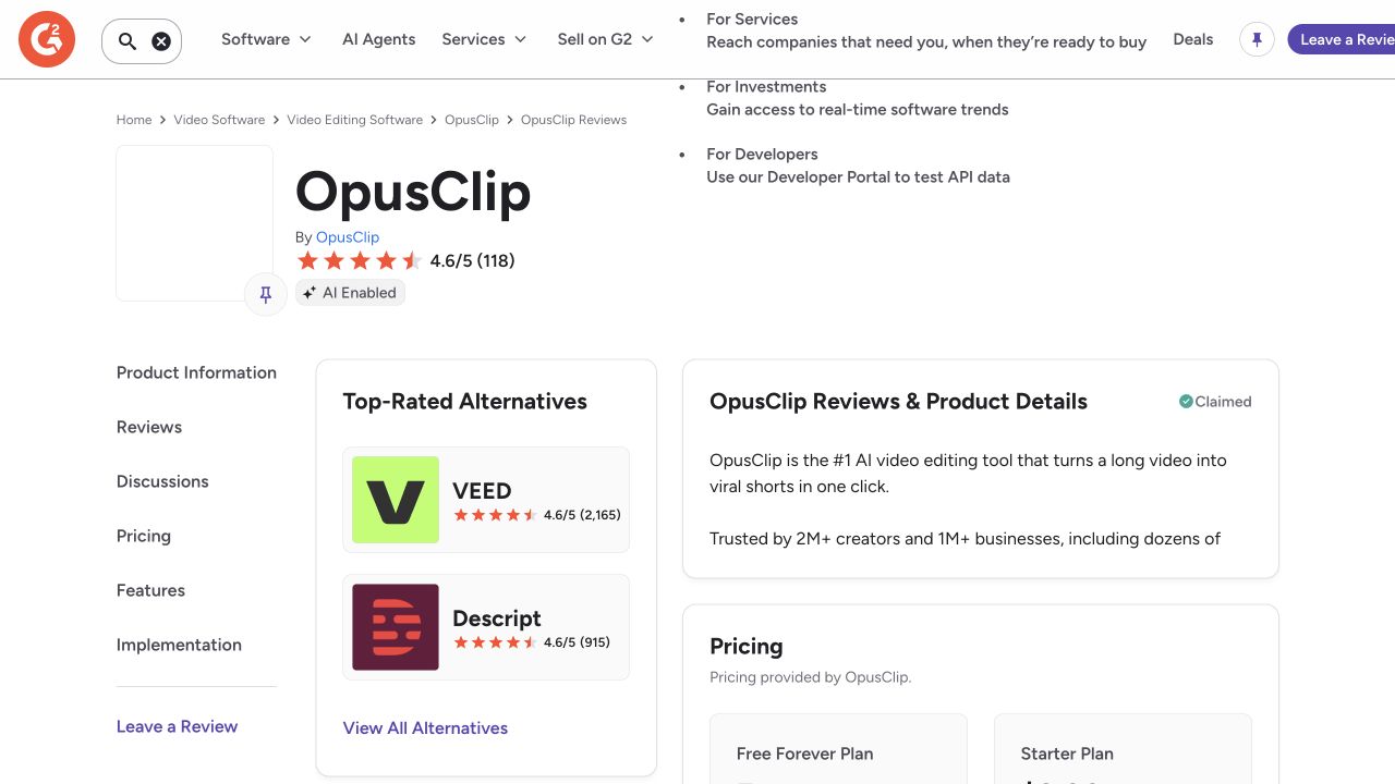 G2 OpusClip profile showing its rating, review count and top-rated alternatives.