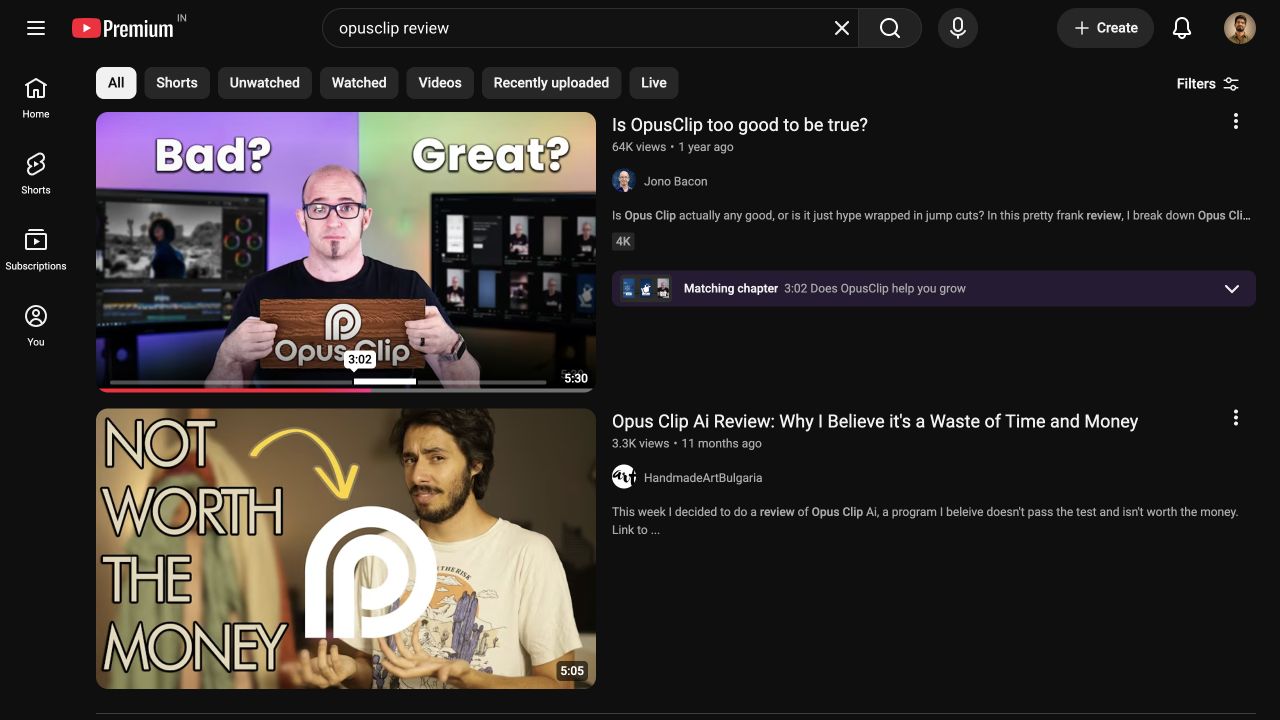 YouTube results for OpusClip review showing independent positive and critical videos.